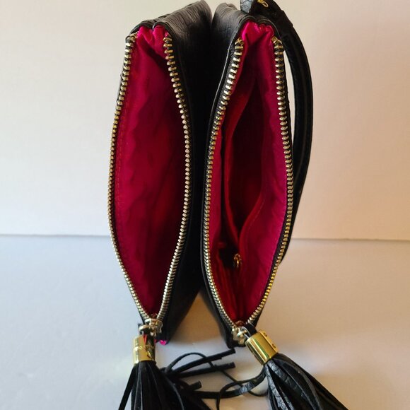 JUICY COUTURE BLACK CLUTCH QUILTED DOUBLE ZIPPER TASSEL WRISTLET GOLD HEARTS - Picture 6 of 10